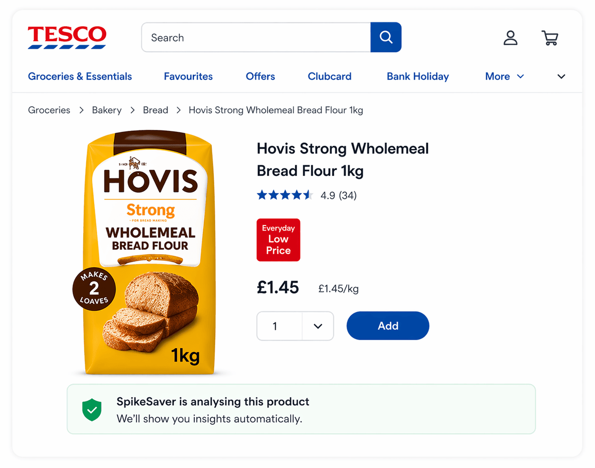 Tesco product page showing Hovis Strong Wholemeal Bread Flour with a SpikeSaver badge indicating it is analysing the product