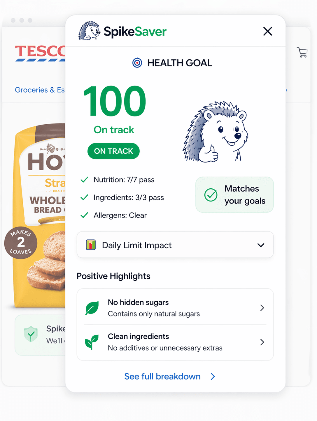 SpikeSaver analysis panel showing a perfect health score of 100, on track badge, matches your goals check, and positive highlights including no hidden sugars and clean ingredients